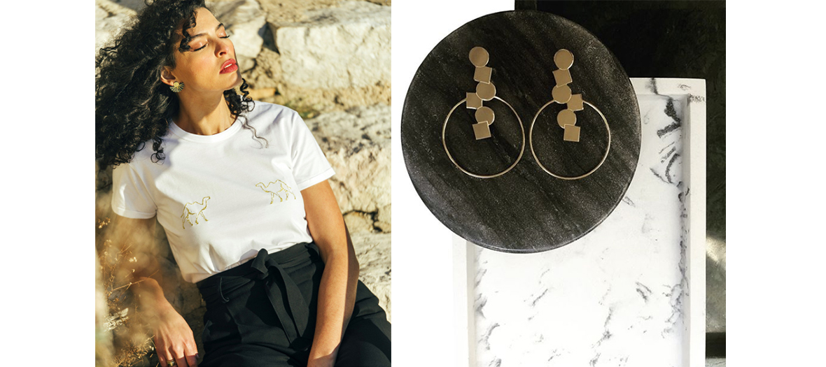les bijoux dorés de Calepinage et les t-shirts libanais à imprimé “Amour”  de Boshies et Bahhar de Sofya Benzakour
