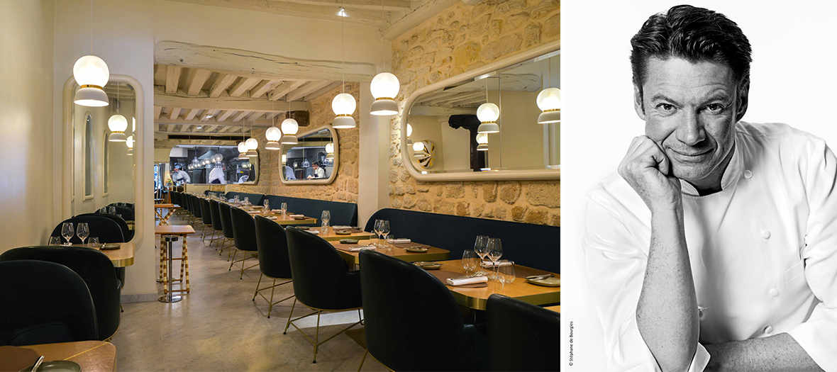 Portrait du chef Alain Pégouret et décoration bistronomique au restaurant le Sergent recruteur à Paris