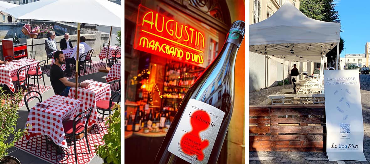 The terraces of bistros in Paris with the café des deux gares, the rotisserie d'argent and Coq Rico