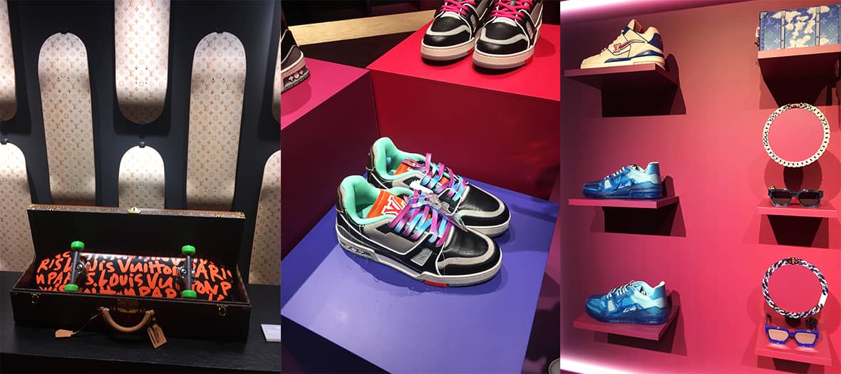 Collection de streetwear avec des sneakers et skateboards à la boutique Louis Vuitton au pont neuf