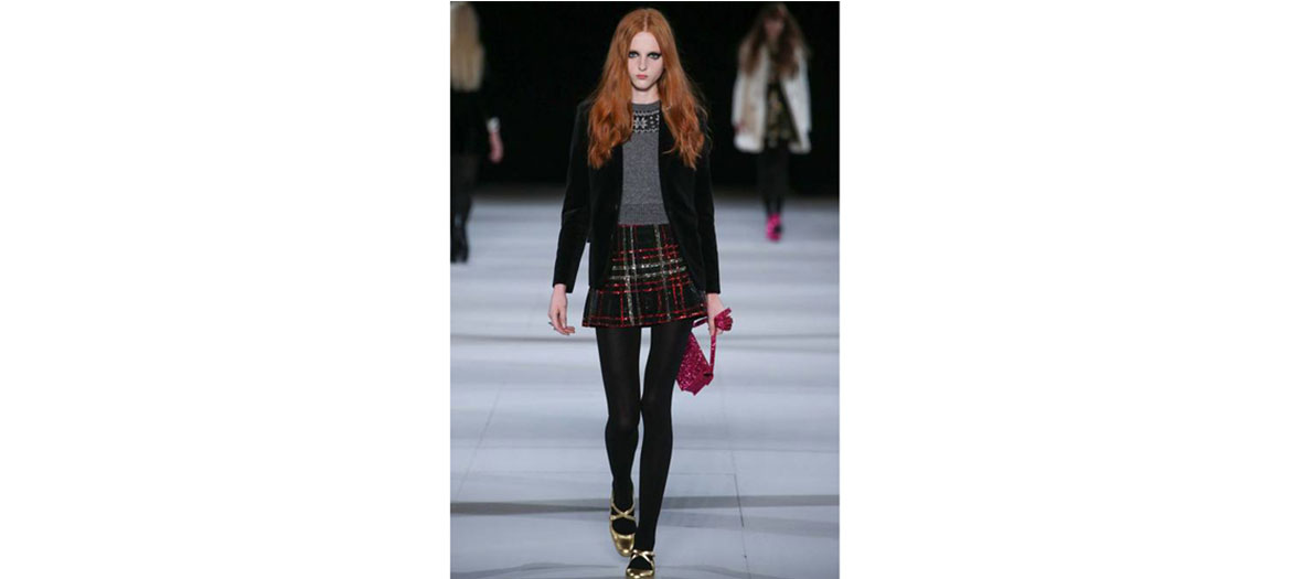 Shetland pullover, velvet jacket and kilt skirt Yves Saint Laurent