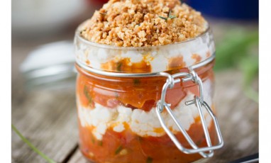 Crumble of tomatos and cheese in a jar