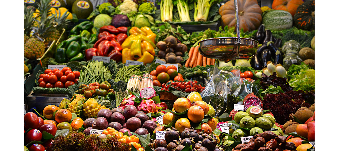 vegetables and fruits on display