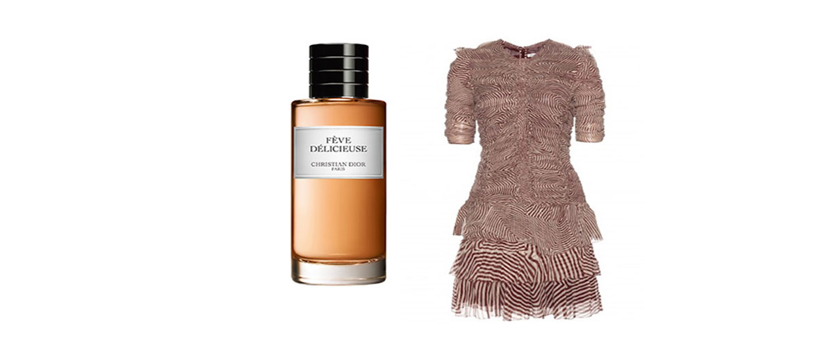 Parfum Dior fève délicieuse et robe Isabel Marant en chiffon de soie imprimé damia