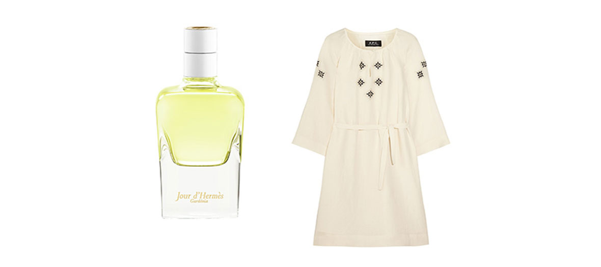 Perfume Jour d'Hermès Gardéniaand yellow and white dress by A.P.C