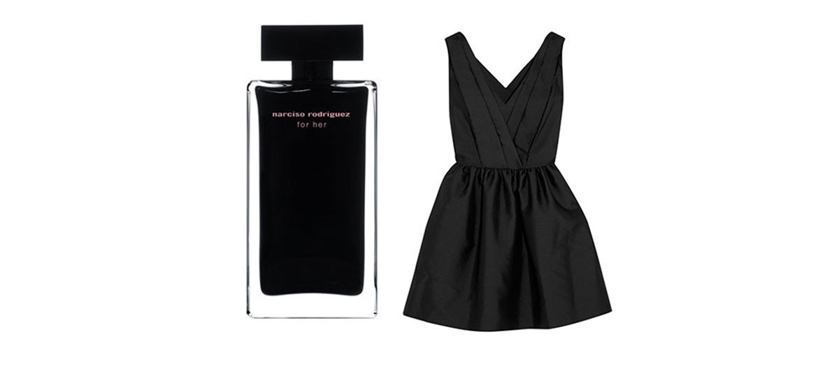 Perfume Narciso Rodriguez and satine dress Karl Lagerfeld