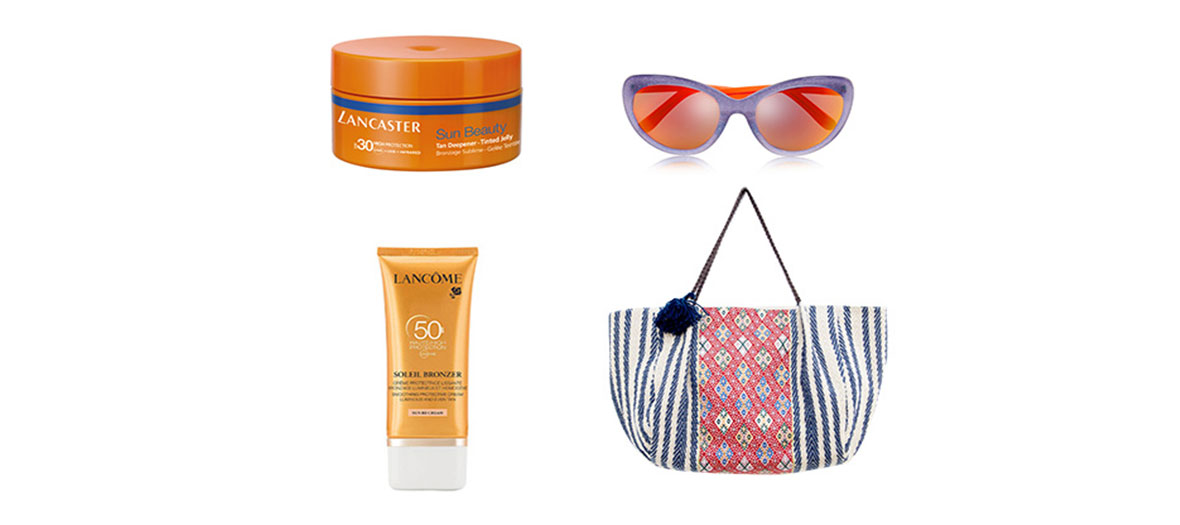 Crèmes solaires, lunette et sac pour la campagne