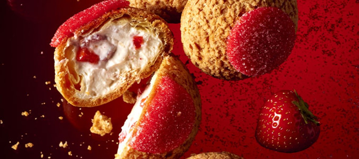 Chou Fraise Mascarpone avec   feuilles de gélatine, gousse de vanille, sucre semoule