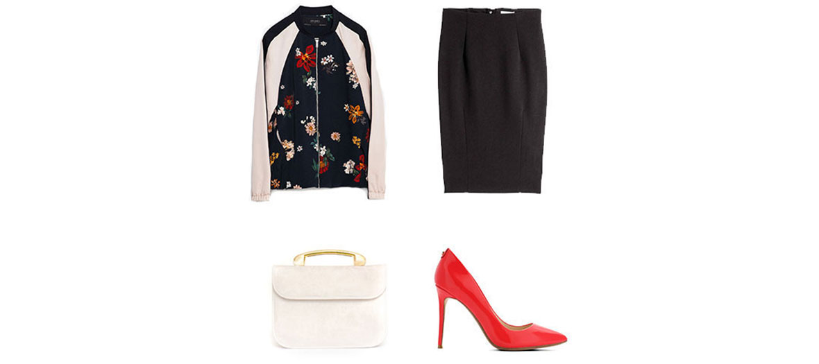 Floral bomber, pencil skirt, leather bag, and patent leather pumps