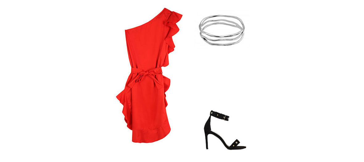 Red dress, suede sandals and reed bracelet