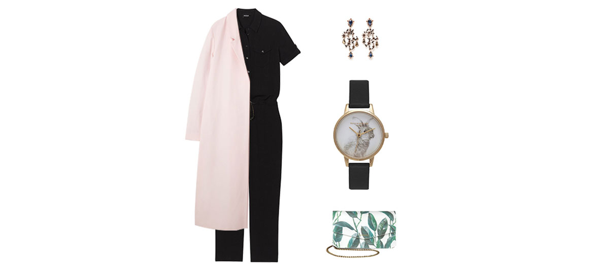 Suit, earrings, pink coat and rabbit watch outfit