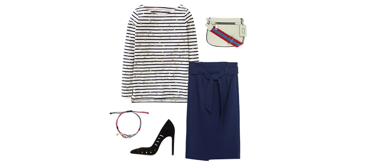 Sailor top, shoulder bag, bracelet and tube skirt outfit