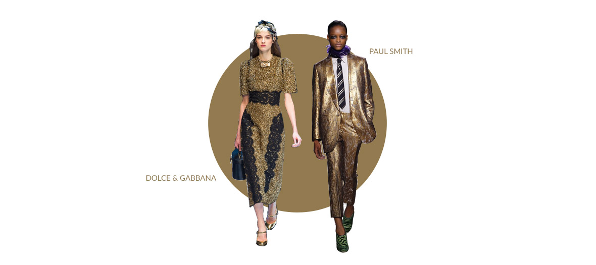 Deux mannequins qui défilent pour Paul Smith et Dolce & Gabanna portant une robe et un costume qui brille