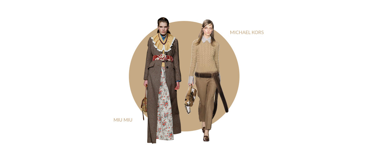 Deux mannequins qui défilent pour Miu Miu et Michael Kors portant un long manteau et un pull et un pantalon