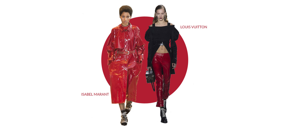 Deux mannequins qui défilent pour Louis Vuitton et Isabelle Marant portant une manteau en vinyle rouge et un pantalon en cuire en vinyle rouge