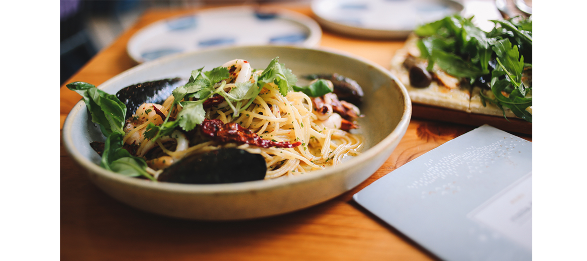 Plate of pasta with chilli, percil, coriander Juliet's dinner Gernez