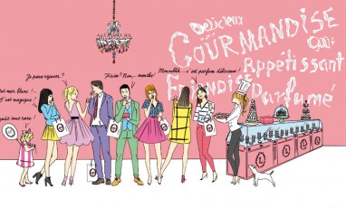 Illustration représentant des personnes dans le pop up Ladurée