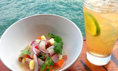 Ceviche bowl and gaz drink