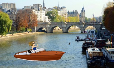 montage avec illustration d'une fille faisant du bateau à l'ile de la cité