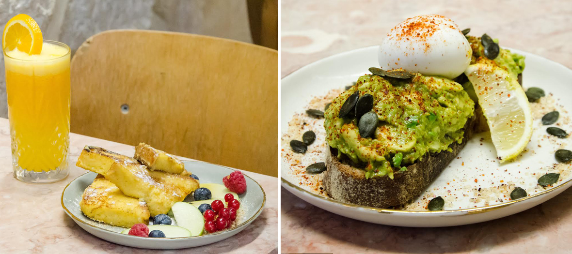 Pancakes, fresh juices avocado toast gluten free as an extra option at café Foufou in Paris