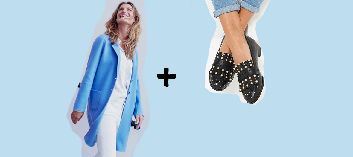 Manteau bleu azur en laine Burton of London, Mocassin Lorena Minelli