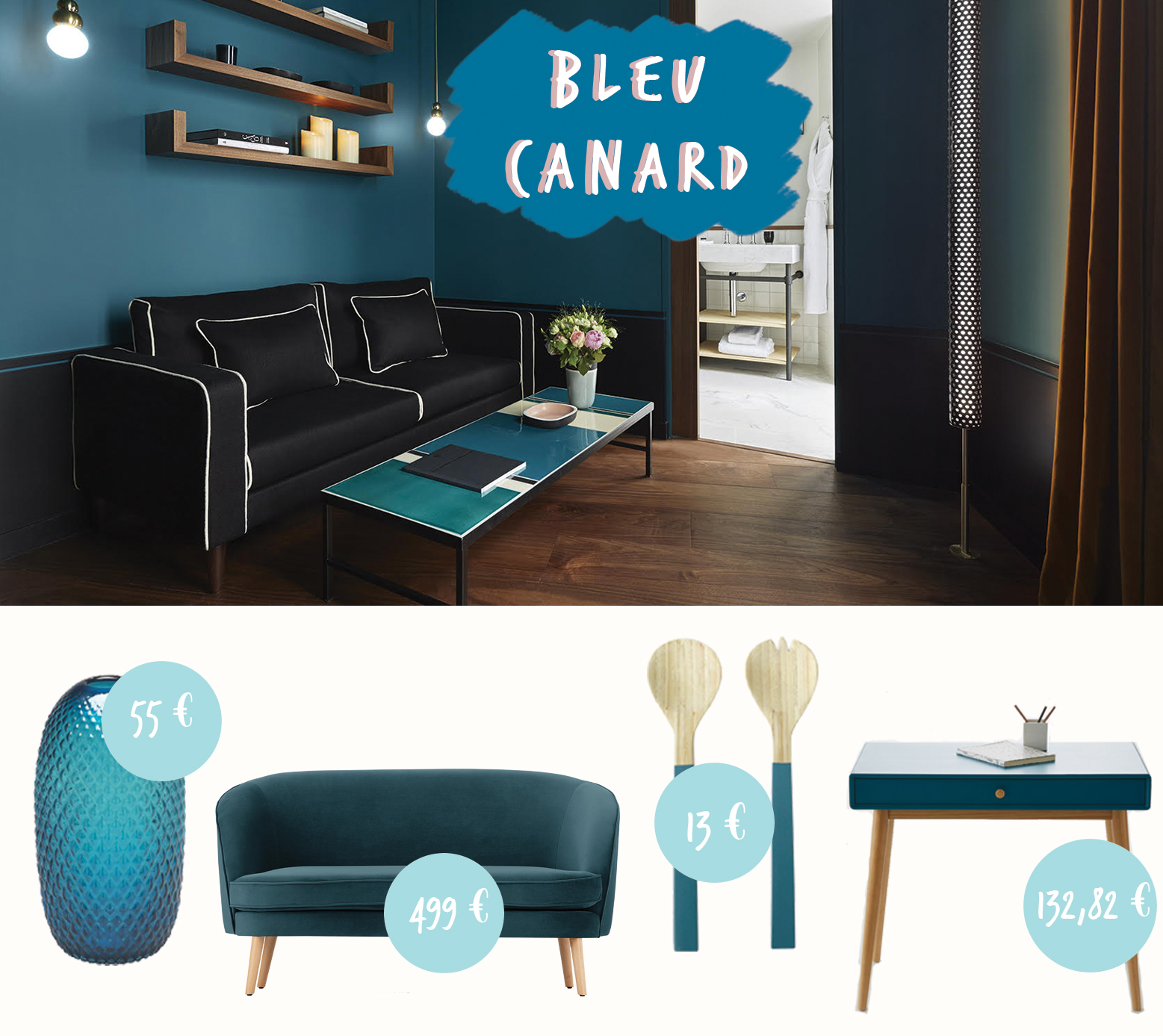 Vase, canapé, couverts en​ ​bambou​ et bureau bleu canard