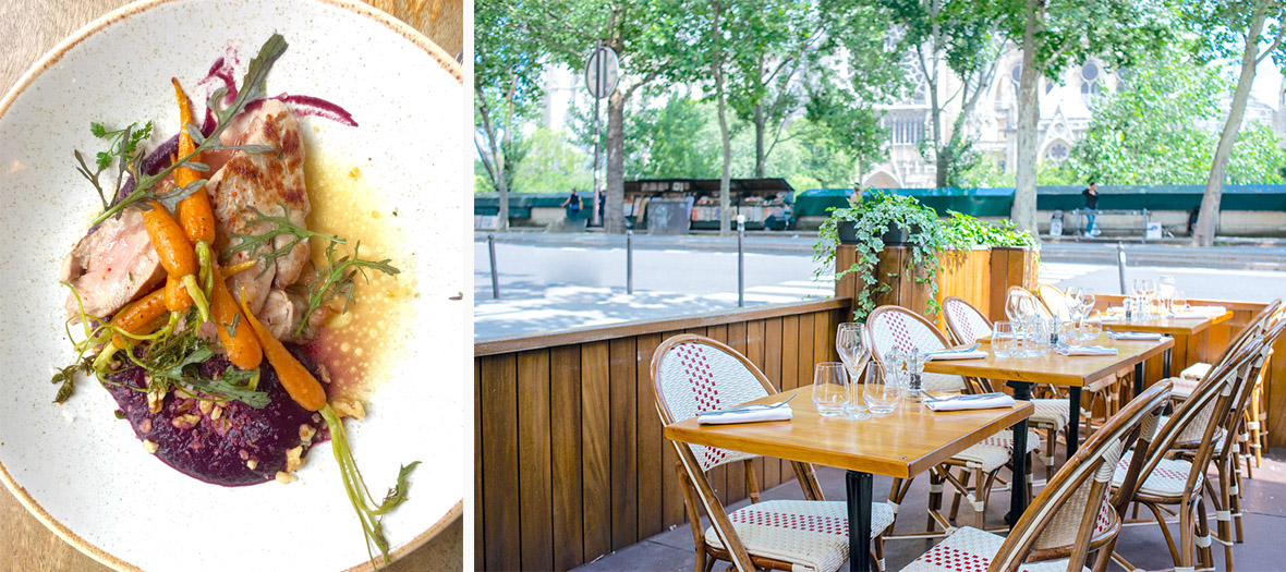 plat Quasi d’agneau rôti, tombée d’épinard à la menthe fraîche, de carottes et terrasse du restaurant La Bouteille d'or