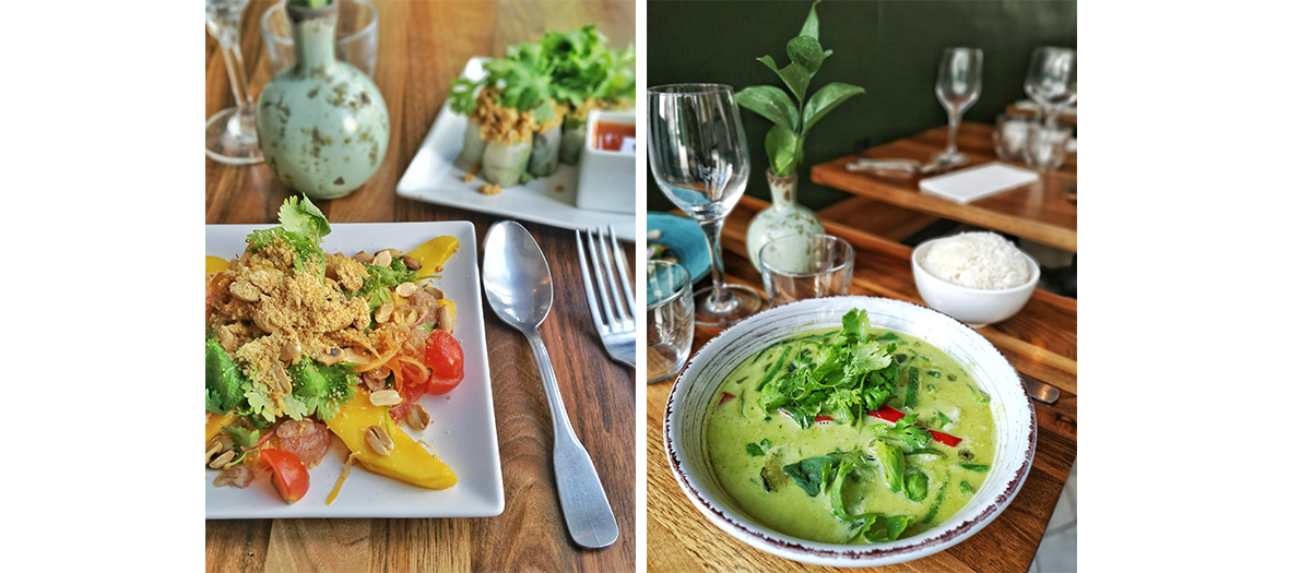 Soupe au Thom Kha aux légumes, lait de coco, galanga, citronnelle et bergamote et salade  salade de papaye du restaurant Asiatique Kapunka Vegan