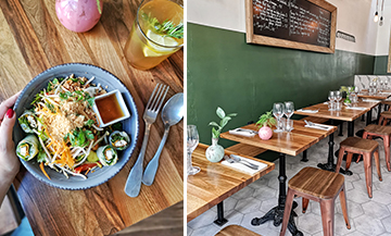 Restaurant thai et vegan, interieur et plat du restaurant salade avec rouleaux de printemps