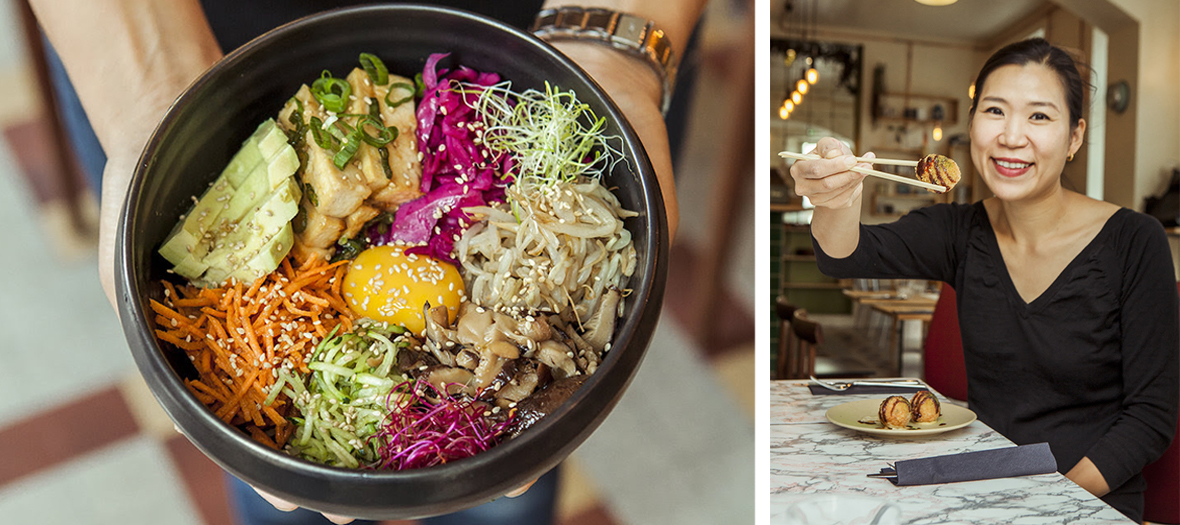 Sangmi Lee, femme du chef Manoj Sharma avec un bibimbap 