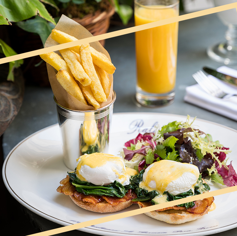 smoked salmon Benedict egg, Canadian bacon or spinach, french fries and salad