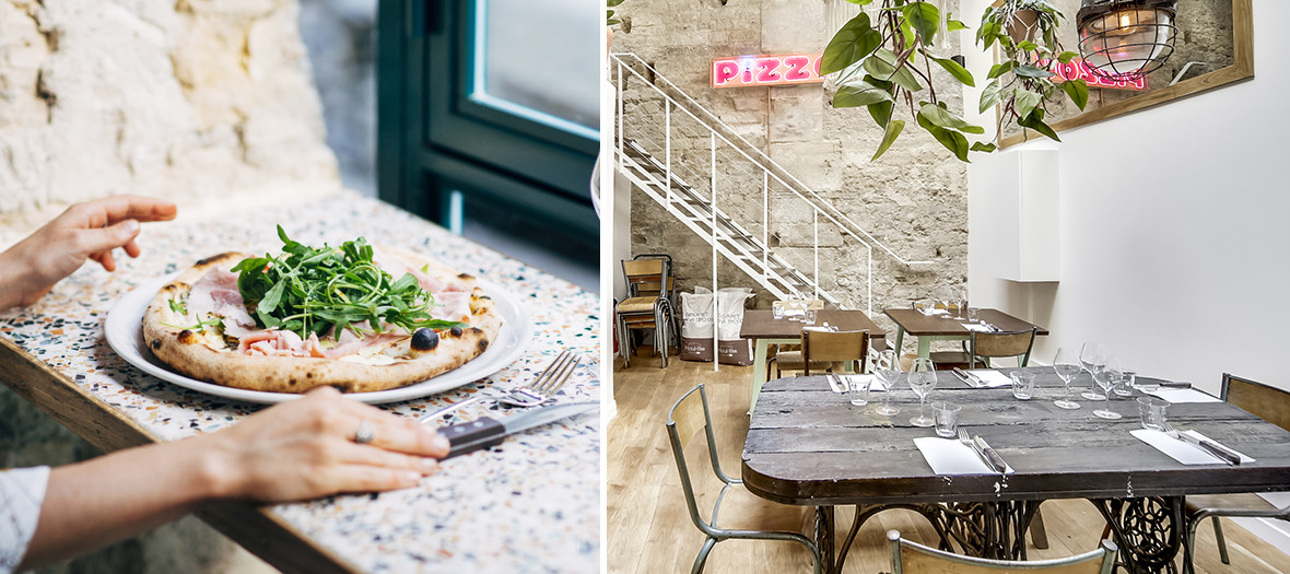 Pizza plate and interior atmosphere of the French pizzeria