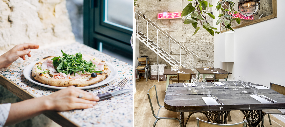 Assiette de pizza et ambiance intérieur de la pizzeria a la francaise