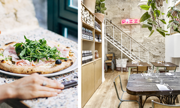 Assiette de pizza et ambiance intérieur de la pizzeria a la francaise