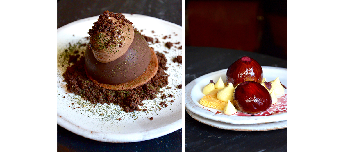 Chocolate tartlet and Cheesecake, mango & passion sauce, coconut from the restaurant l'Office