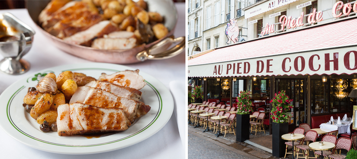 Outdoor facade and Rotie of pork and apples shot of the Pied de Cochon restaurant in Paris