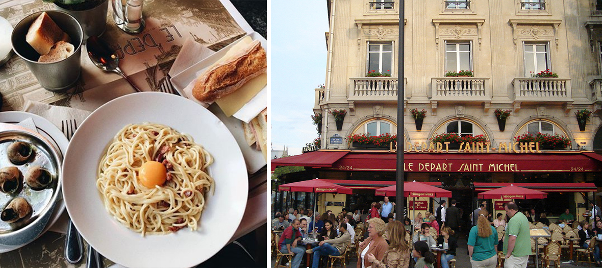  Facade and spaghetti with the carbonara of Le Départ Saint-Michel in Paris