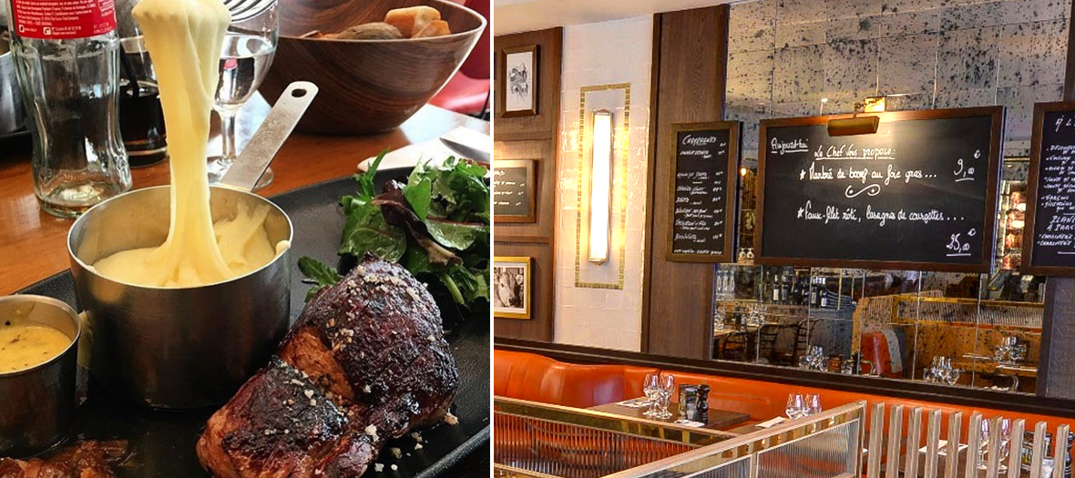 restaurant room and pave of beef at La Maison de l'Aubrac restaurant In Paris