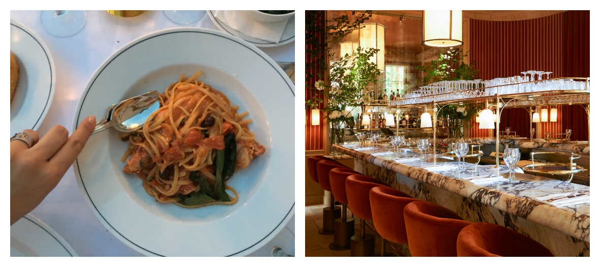 Bar and lobster pastas with tomato sauce at the Girafe restaurant in Paris