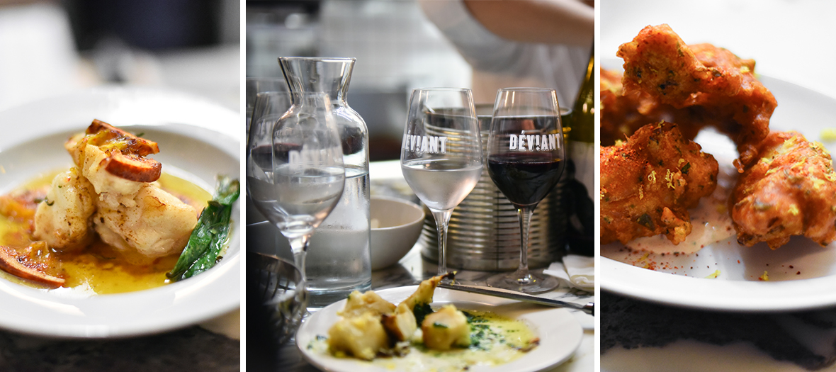 Dishes of cod fritters, grilled asparagus steak, shredded carrots with butter and a natural wine from the Deviant bar