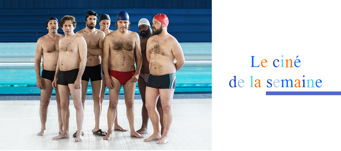 Mathieu Amalric, Guillaume Canet, Benoit Poelvoorde, Jean-Hugues Anglades, Philippe Katerine, Alban Ivanov et Balasingham Thamilchelvan a la piscine dans le film le Grand bain