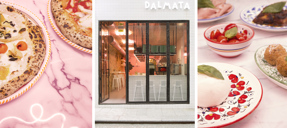 Exterior facade and the Margherita and Sweet Dream pizzas of Damalta restaurant