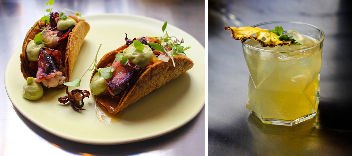 Plates of tacos squid /avocado and a glass of cocktails infused with mezcal from Tsuyoshi San