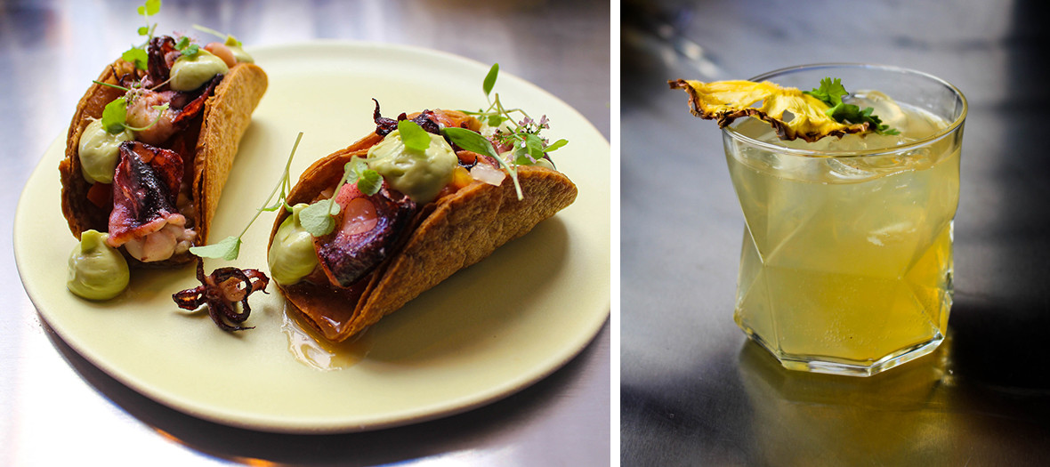 Plates of tacos squid /avocado and a glass of cocktails infused with mezcal from Tsuyoshi San