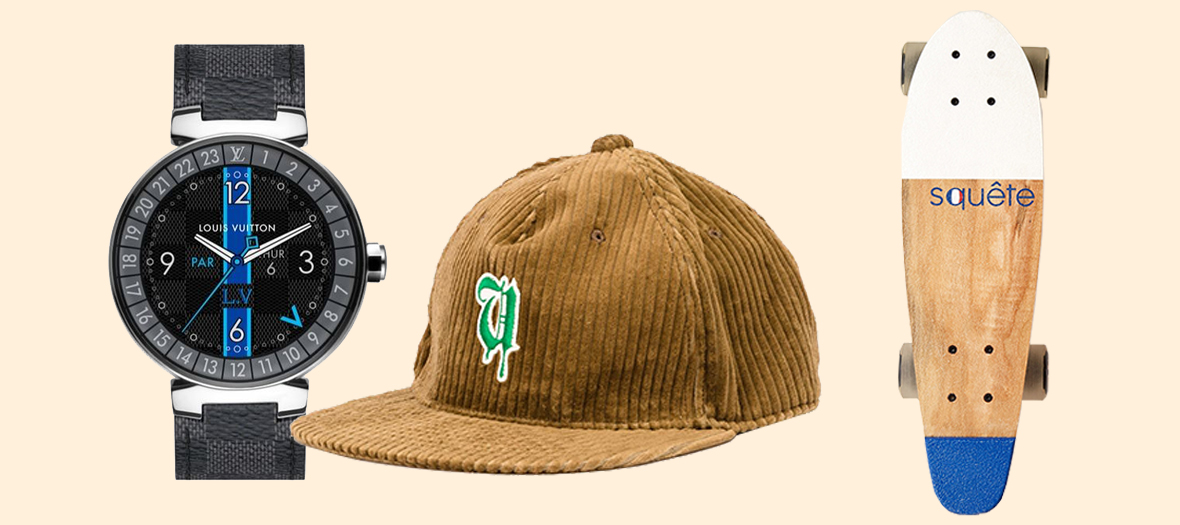 Montre, casquette, skate Casquette undercover, montre Smart Watch Louis Vuitton et Skateboard Squete x Monoprix