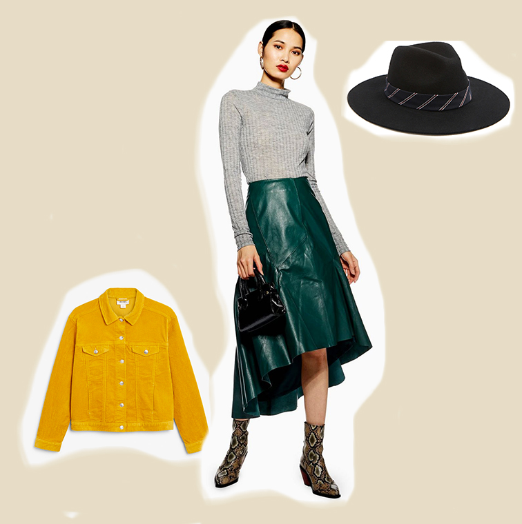 jupe midi asymetrique en cuir, corduroy jacket Monki, chapeau fedora en laine Forever 21