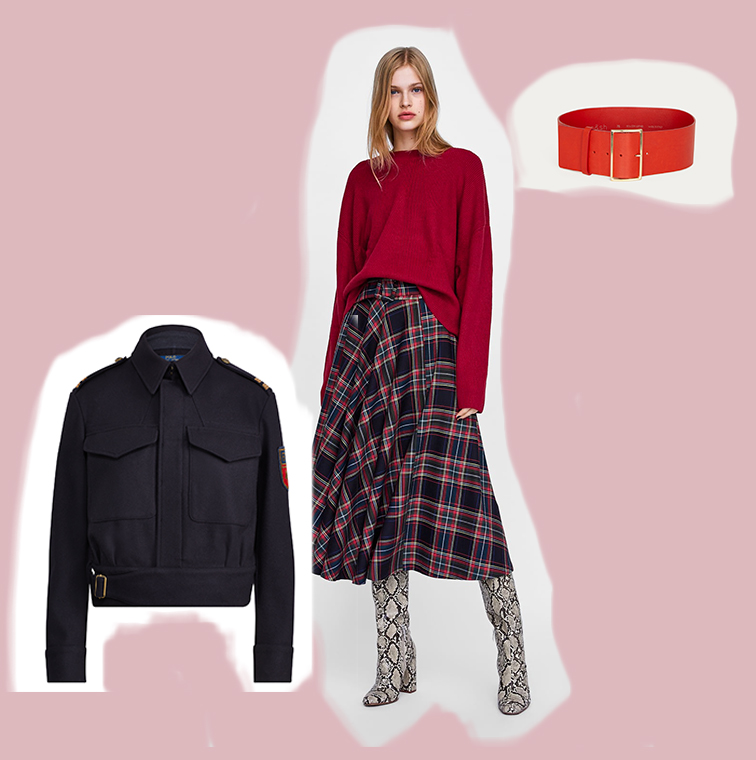 jupe midi a imprime tartan, ceinture bianca ba&sh, veste en laine Ralph Lauren