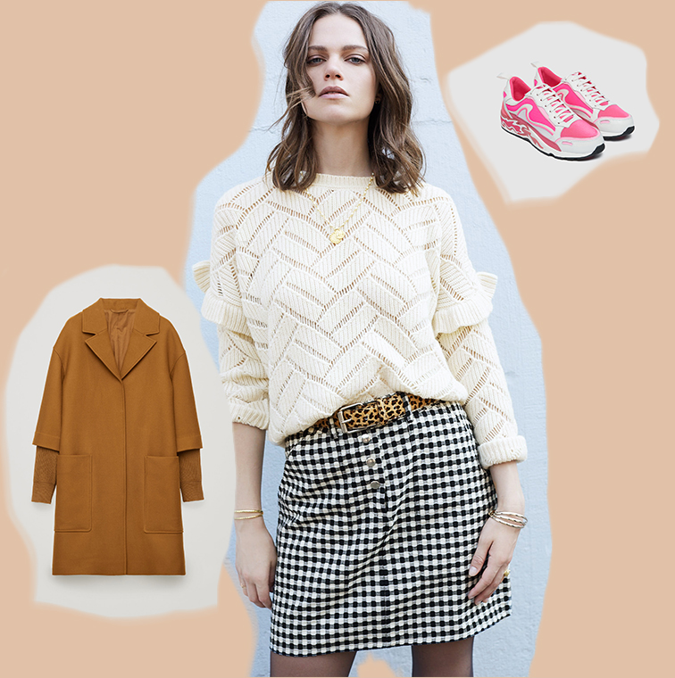 mini jupe, manteau en laine Cos, baskets avec flammes sur la semelle Sandro