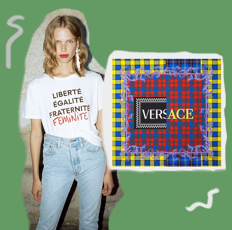 T-shirt Rose Association x Printemps, Carré de soie logo vintage tartan Versace