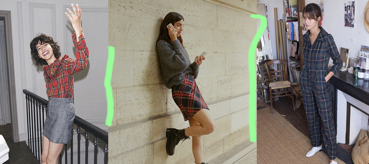 Curl Check A blouse Leon & Harper, Kilt skirt with checks Maje, One-piece tartan Piccoli jumpsuit Flolove